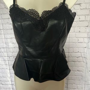 BCBGMAXAZRIA FAUX LEATHER SLEEVELESS PEPLUM TOP WITH LACE TRIM